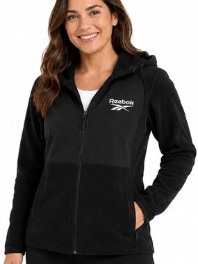 Reebok Black Full-Zip Hooded Fleece Jacket with White Logo
